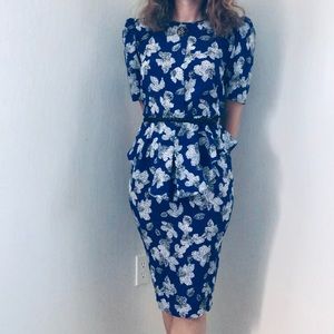 Vintage Floral Blue and White Peplum Dress